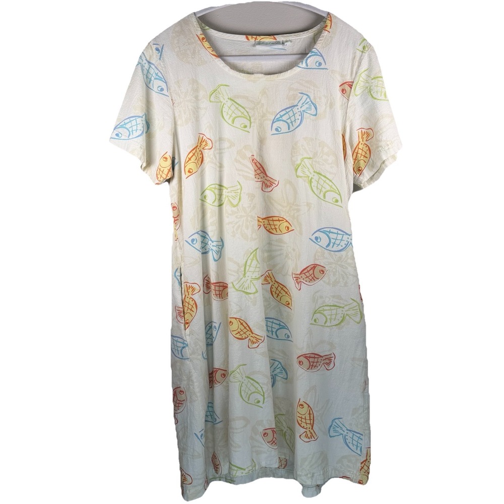 VTG Lulu B MED 100% Cotton Fish Dress Short Sleeve Beachy‎ Comfy Shirt dress